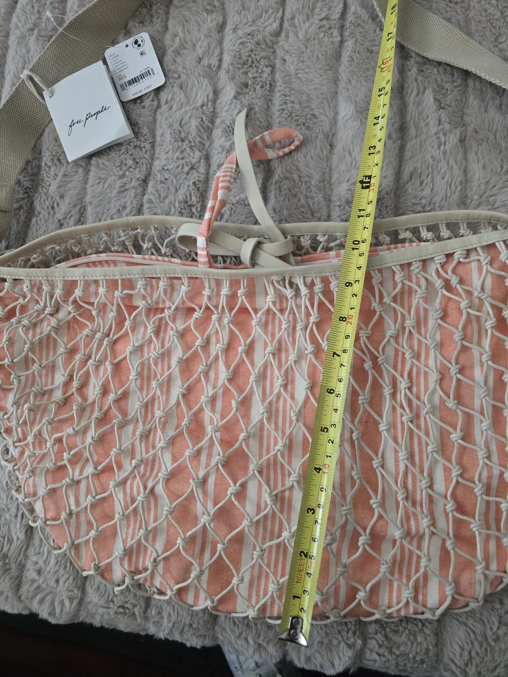 Free People Cream Net Knotted Hobo Shoulder Bag Drawstring Striped Orange Lining